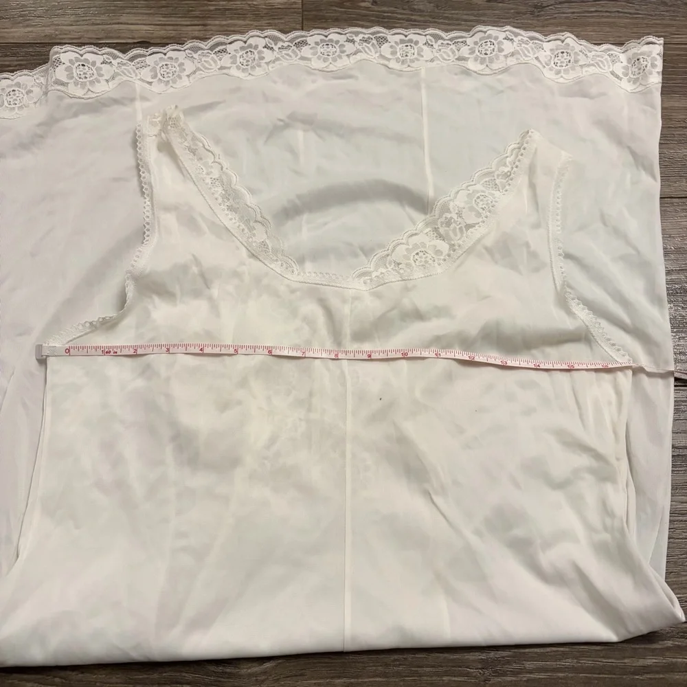 60s/70s European Vintage Silky Floral Lace Trim Midi Slip Dress (Ivory) Size L